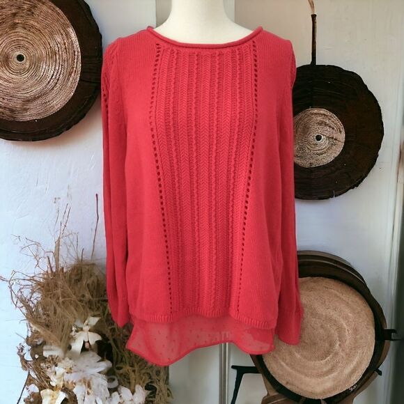 Lucky Brand Sweater S Red Layered Chiffon Long Sleeve Pullover Swiss Dot Flowy. - Picture 7 of 16